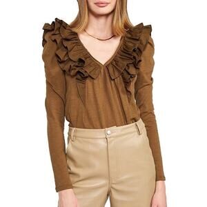 En Saison Double Ruffle Puff Long Sleeve Olive Green Blouse L Parisian Victorian